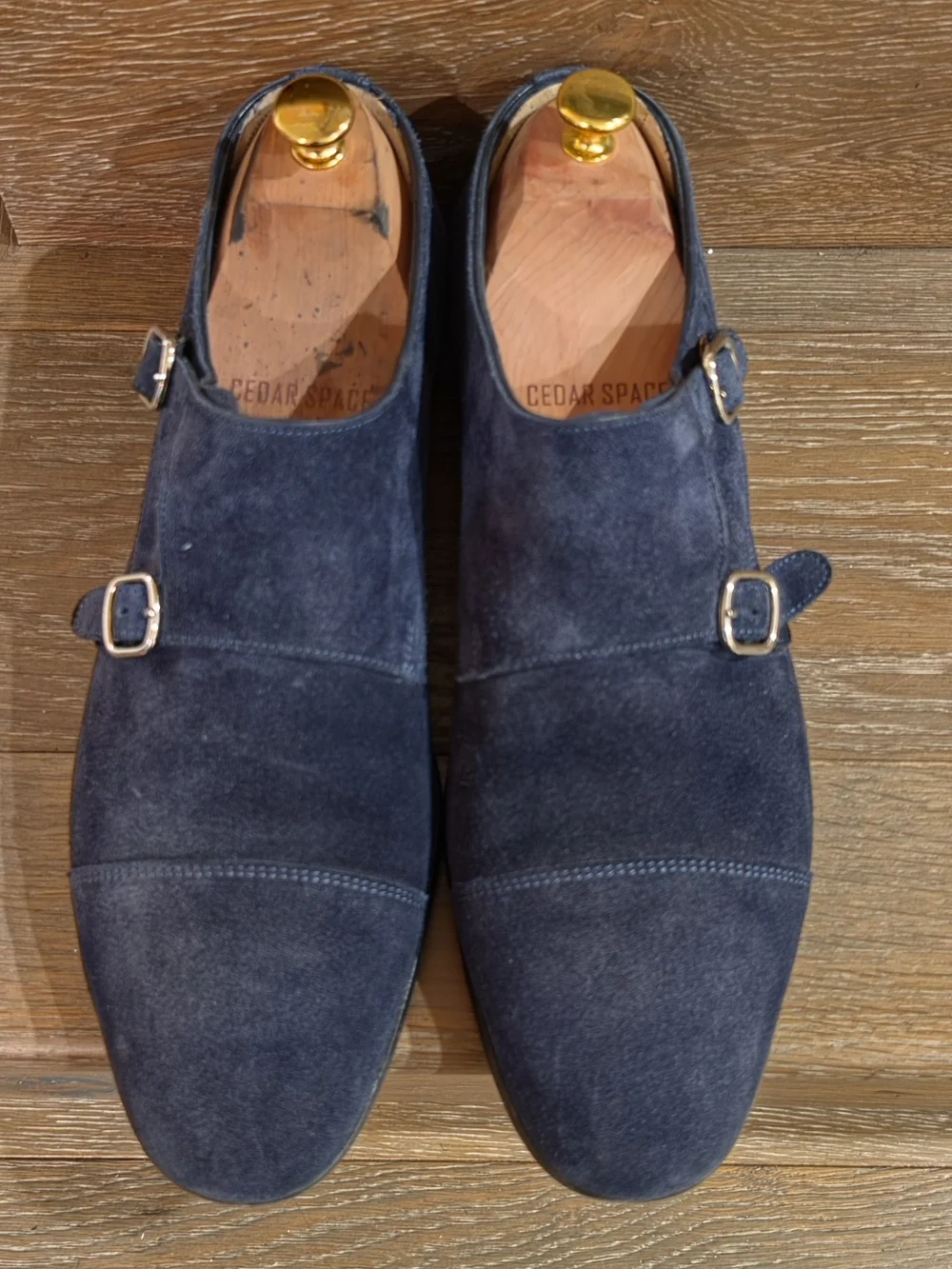 Santoni Navy Suede Double Monk Strap Shoes